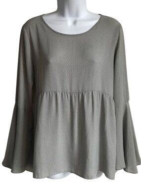 🔴 4/$15 AT LOFT Women’s XS Gray White Geo Peplum Long Bell Sleeve Blouse in EUC